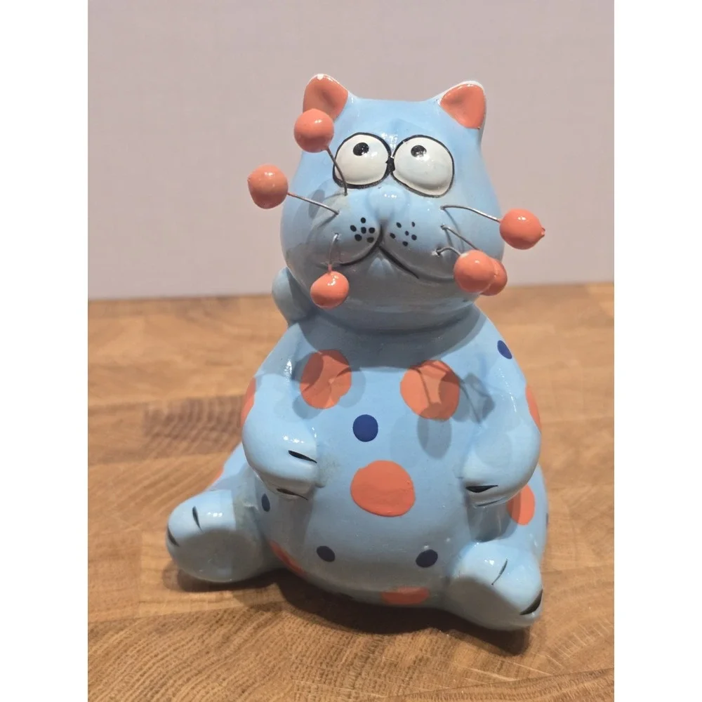 4.5 Inch Ceramic Whimsical Orange Dot Cat With Metal Pin Whiskers Figure